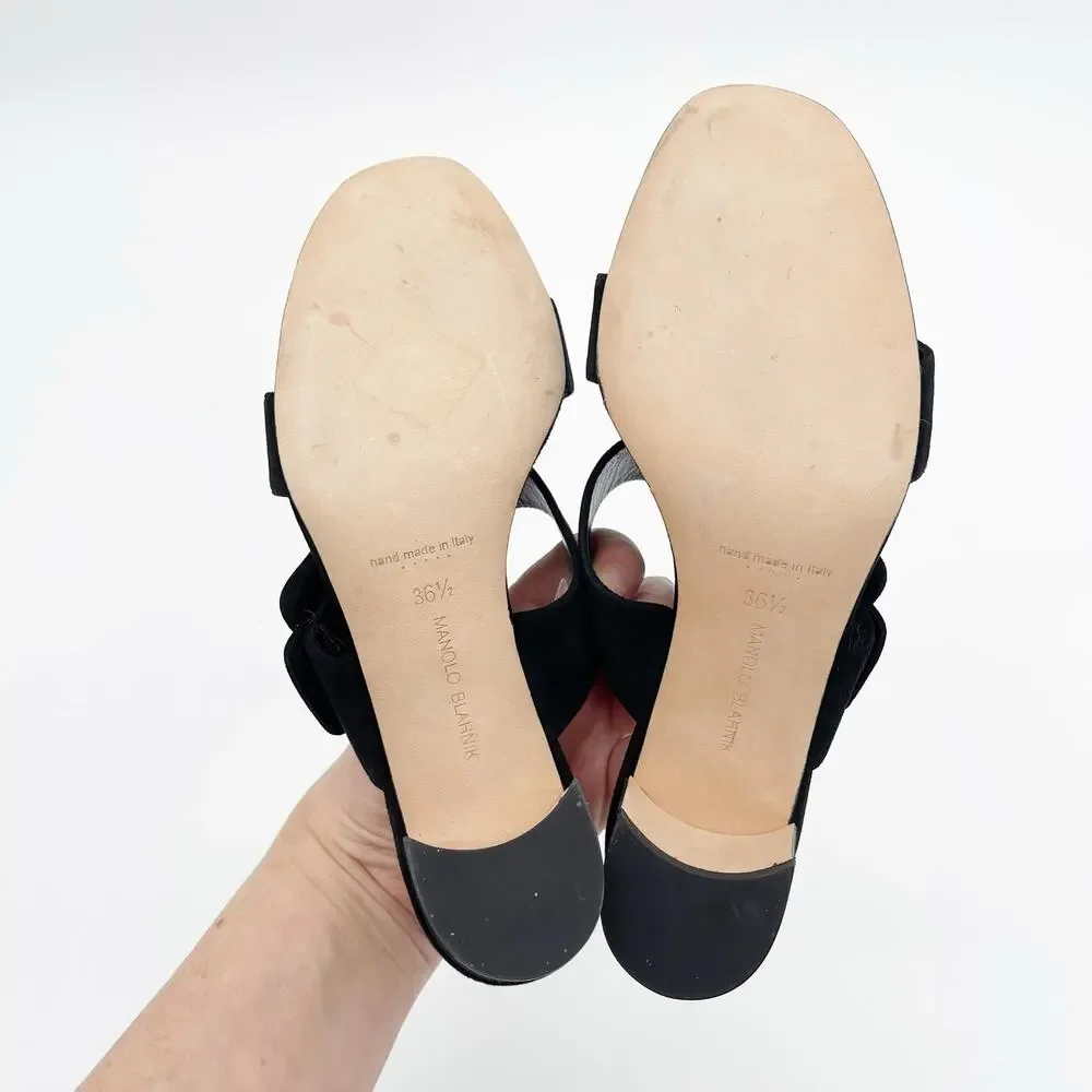 Manolo Blahnik Titubanew Black Suede Open Toe Buckle Mule Sandals Heels IT 36.5